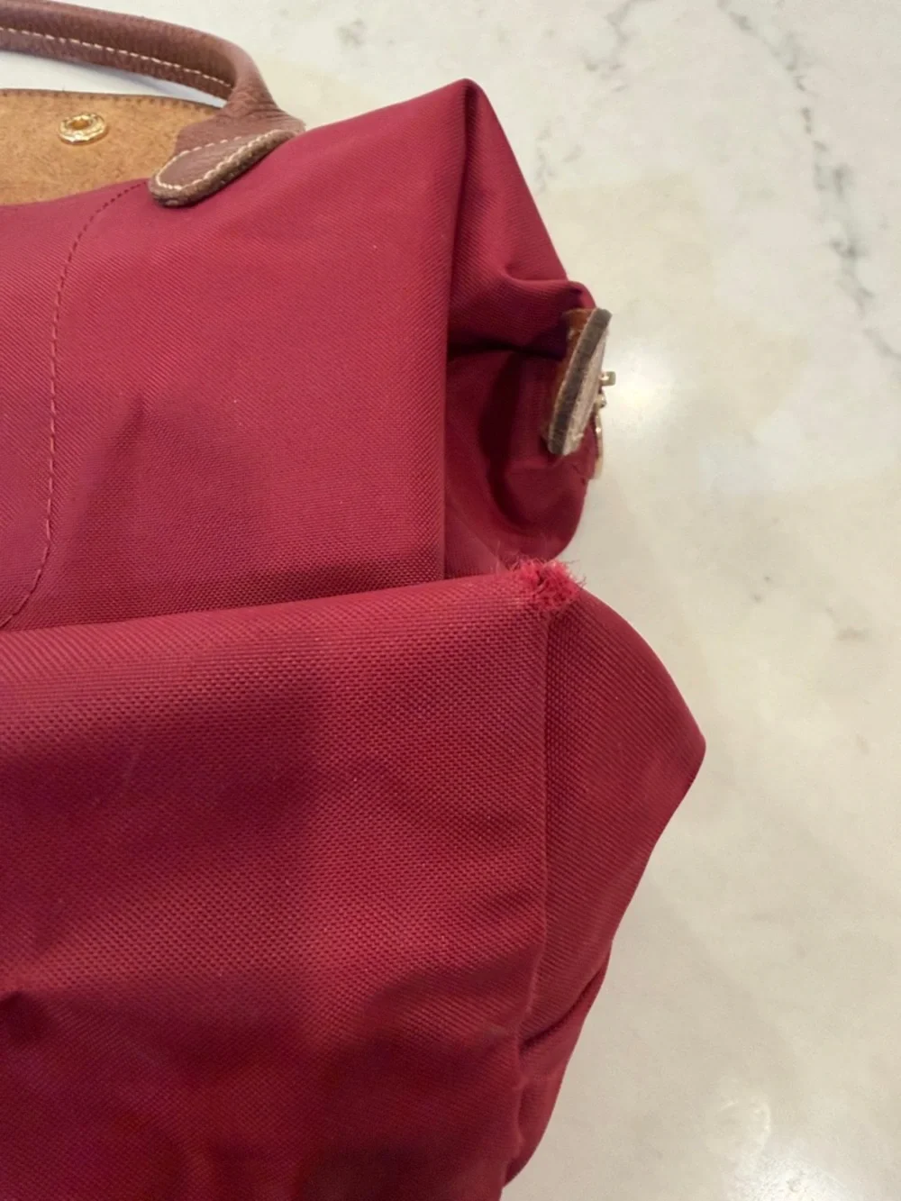 Longchamp Red Nylon Tote with Brown Leather Trim - Picture 11 of 14
